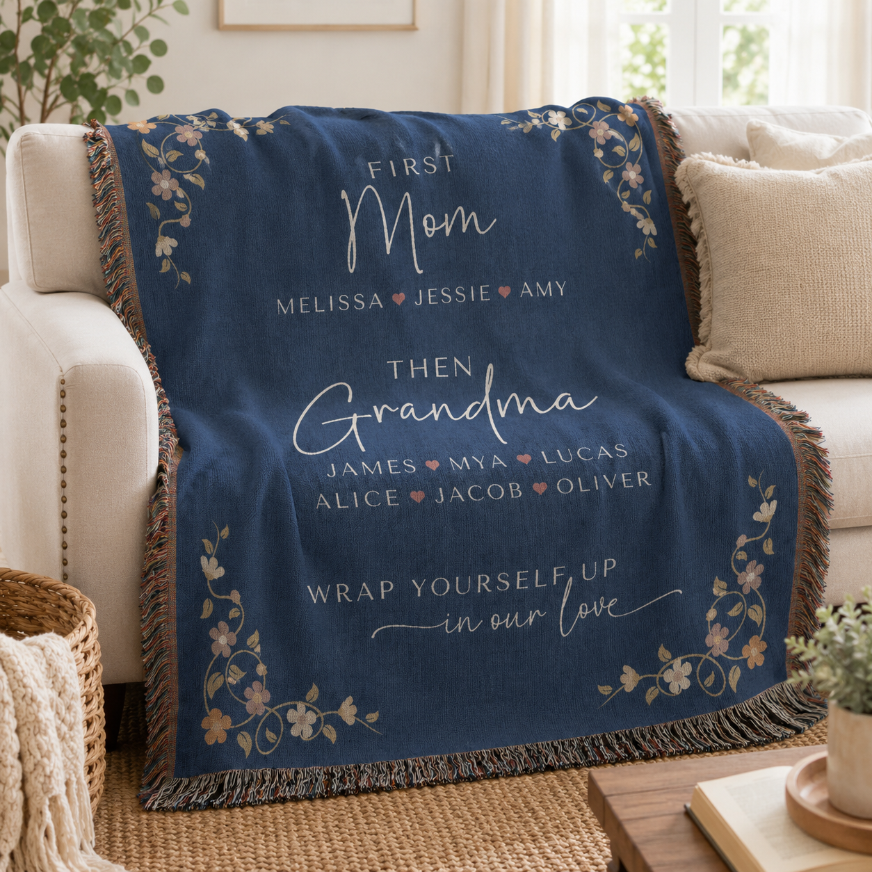 Personalized First Mom Then Grandma Woven Blanket – Custom Names Keepsake Throw Blanket Gift for Mom, Grandma, Nana