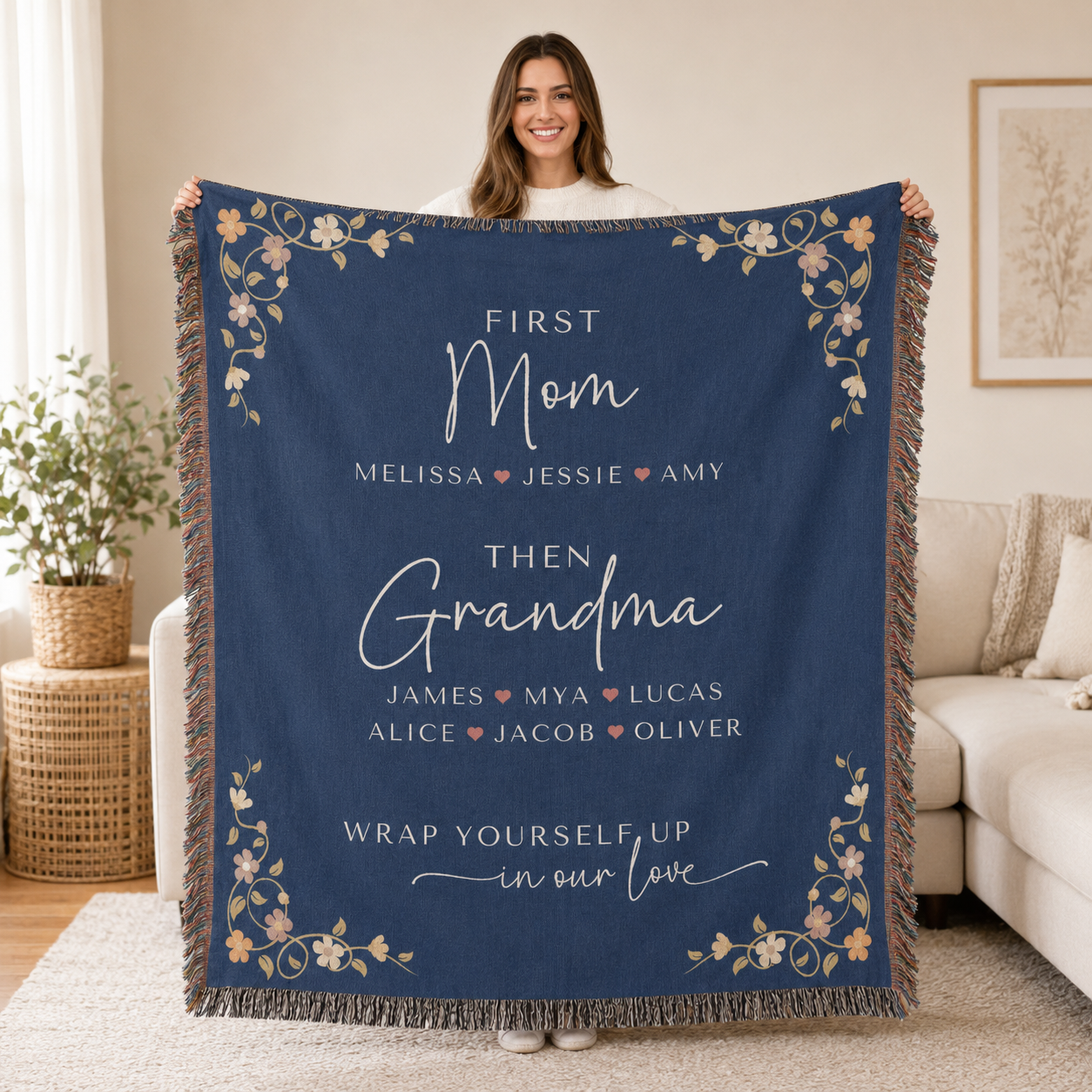 Personalized First Mom Then Grandma Woven Blanket – Custom Names Keepsake Throw Blanket Gift for Mom, Grandma, Nana