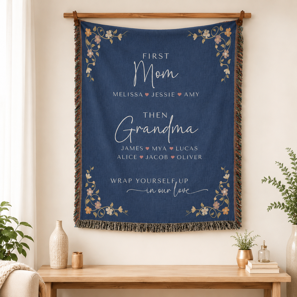 Personalized First Mom Then Grandma Woven Blanket – Custom Names Keepsake Throw Blanket Gift for Mom, Grandma, Nana