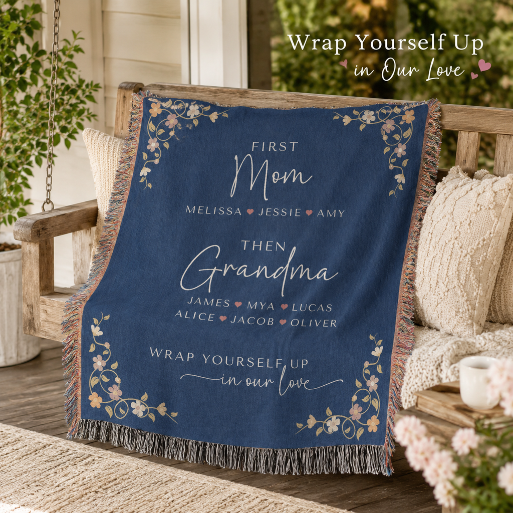 Personalized First Mom Then Grandma Woven Blanket – Custom Names Keepsake Throw Blanket Gift for Mom, Grandma, Nana