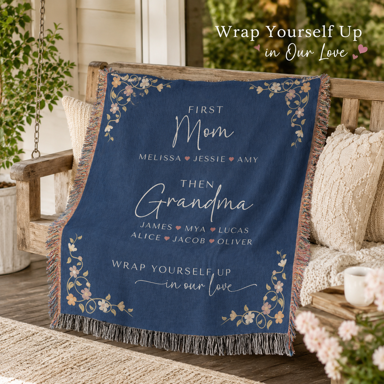 Personalized First Mom Then Grandma Woven Blanket – Custom Names Keepsake Throw Blanket Gift for Mom, Grandma, Nana