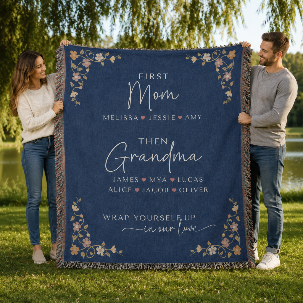 Personalized First Mom Then Grandma Woven Blanket – Custom Names Keepsake Throw Blanket Gift for Mom, Grandma, Nana