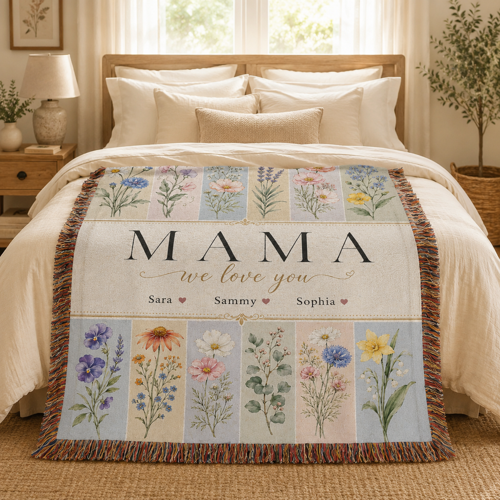 Personalized Mom Birth Flower Woven Blanket - Custom Kids' Names Throw Blanket Gift