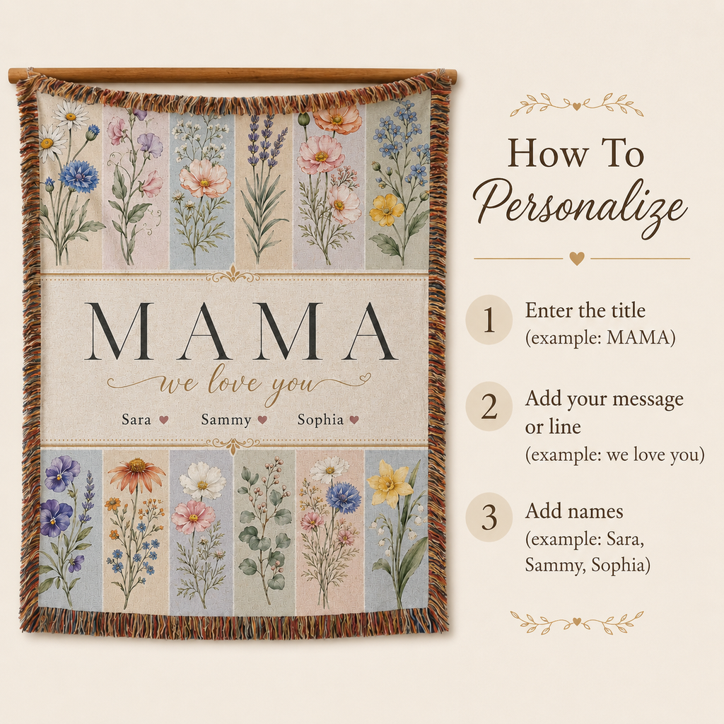 Personalized Mom Birth Flower Woven Blanket - Custom Kids' Names Throw Blanket Gift