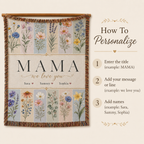 Personalized Mom Birth Flower Woven Blanket - Custom Kids' Names Throw Blanket Gift