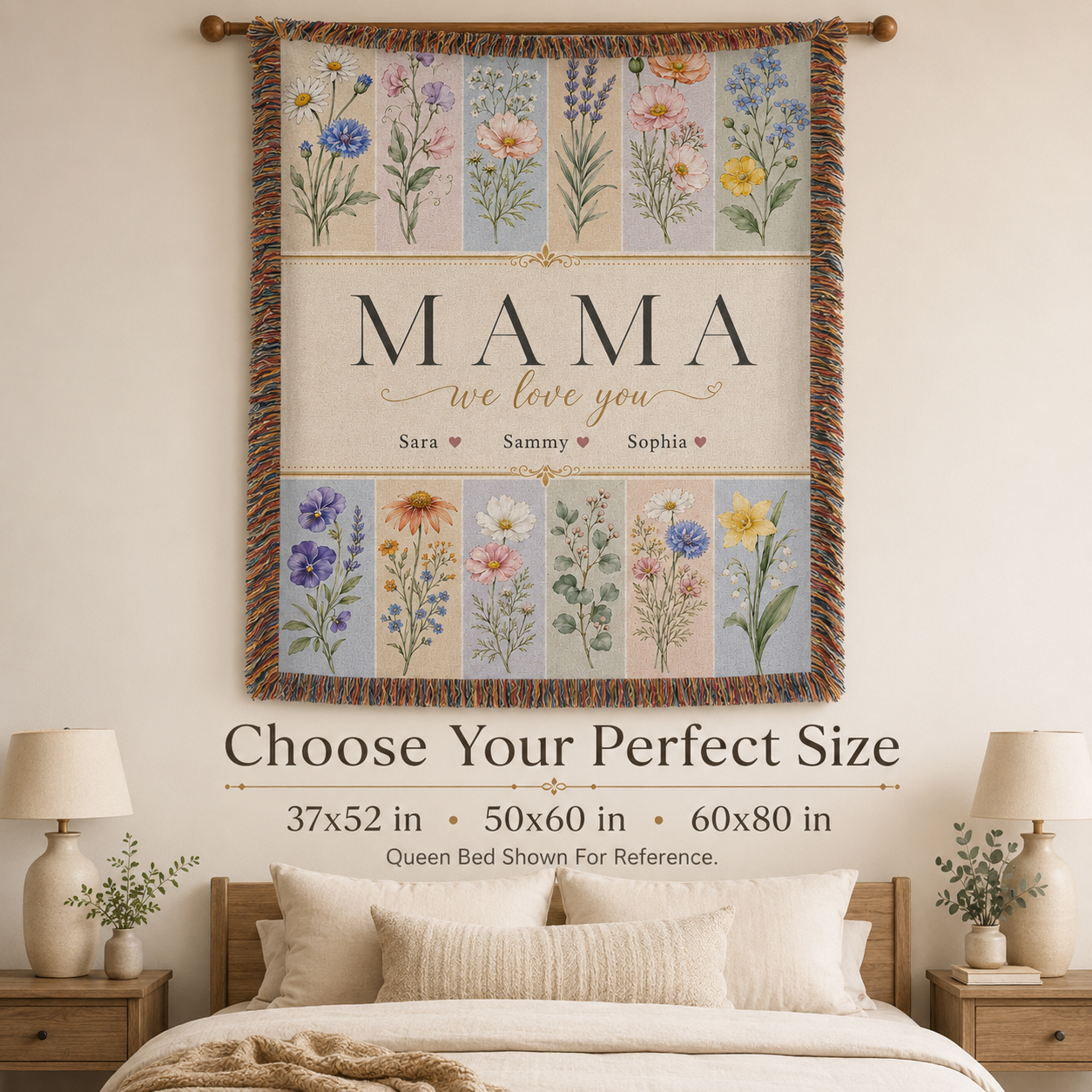 Personalized Mom Birth Flower Woven Blanket - Custom Kids' Names Throw Blanket Gift