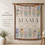 Personalized Mom Birth Flower Woven Blanket - Custom Kids' Names Throw Blanket Gift