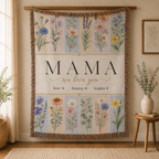 Personalized Mom Birth Flower Woven Blanket - Custom Kids' Names Throw Blanket Gift