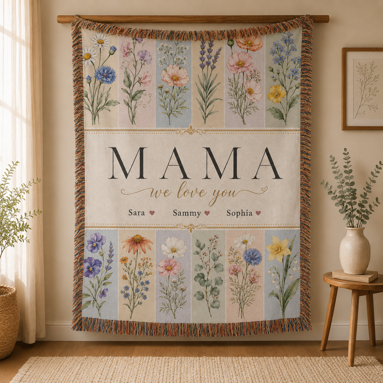 Personalized Mom Birth Flower Woven Blanket - Custom Kids' Names Throw Blanket Gift