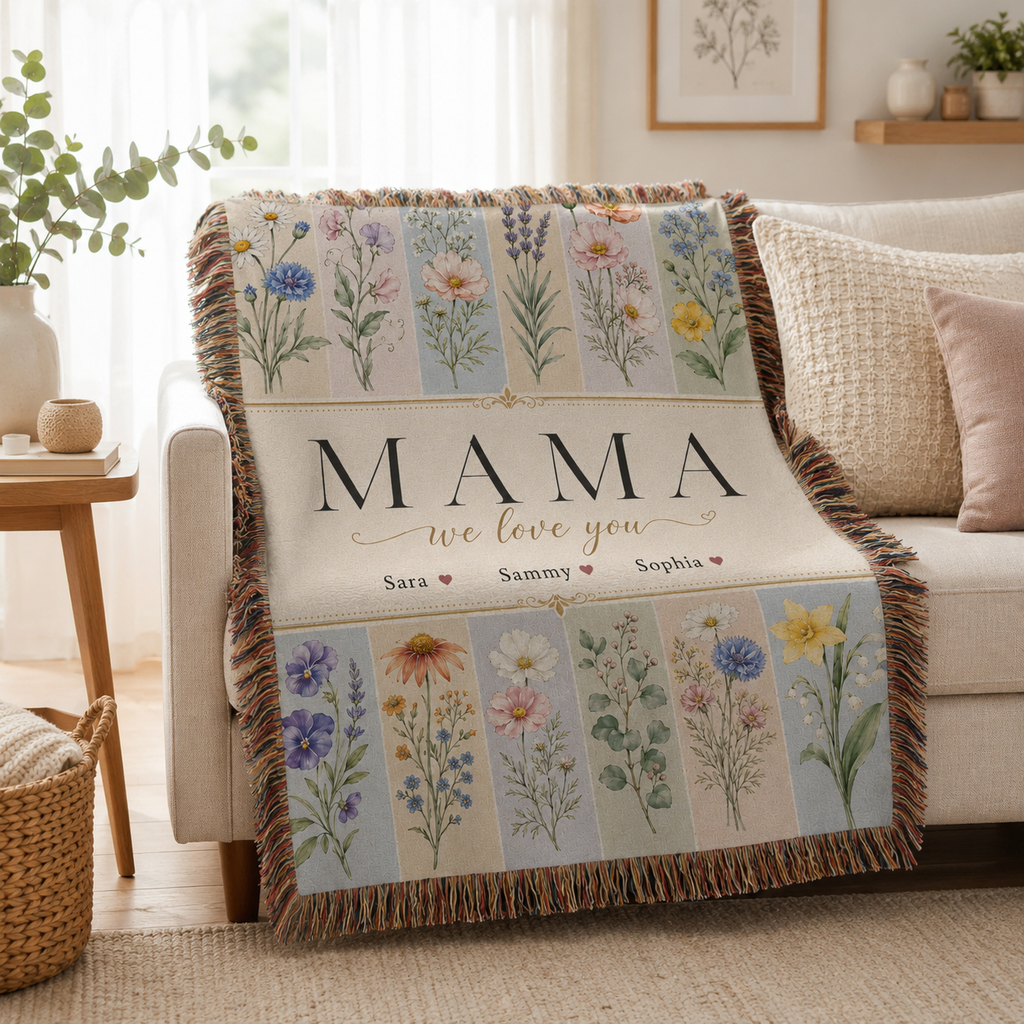 Personalized Mom Birth Flower Woven Blanket - Custom Kids' Names Throw Blanket Gift