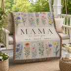 Personalized Mom Birth Flower Woven Blanket - Custom Kids' Names Throw Blanket Gift