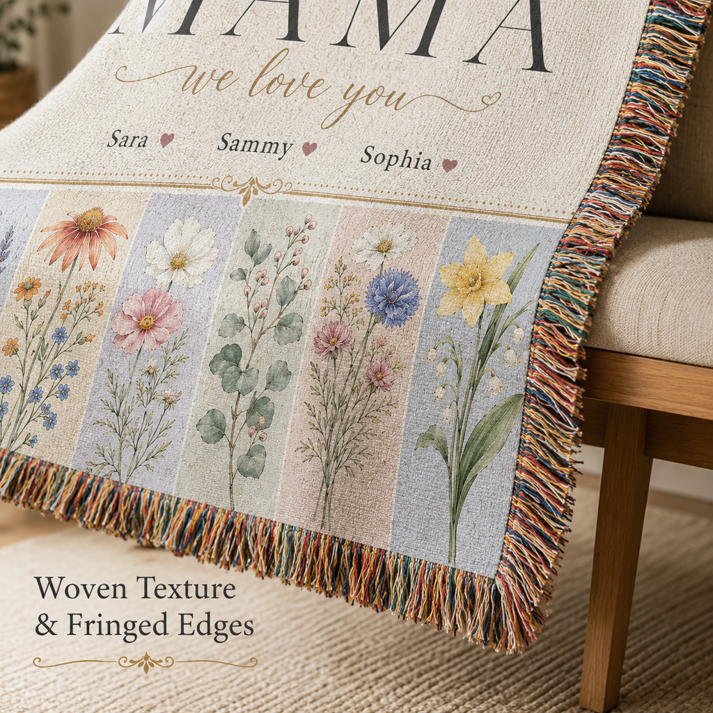 Personalized Mom Birth Flower Woven Blanket - Custom Kids' Names Throw Blanket Gift