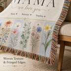 Personalized Mom Birth Flower Woven Blanket - Custom Kids' Names Throw Blanket Gift