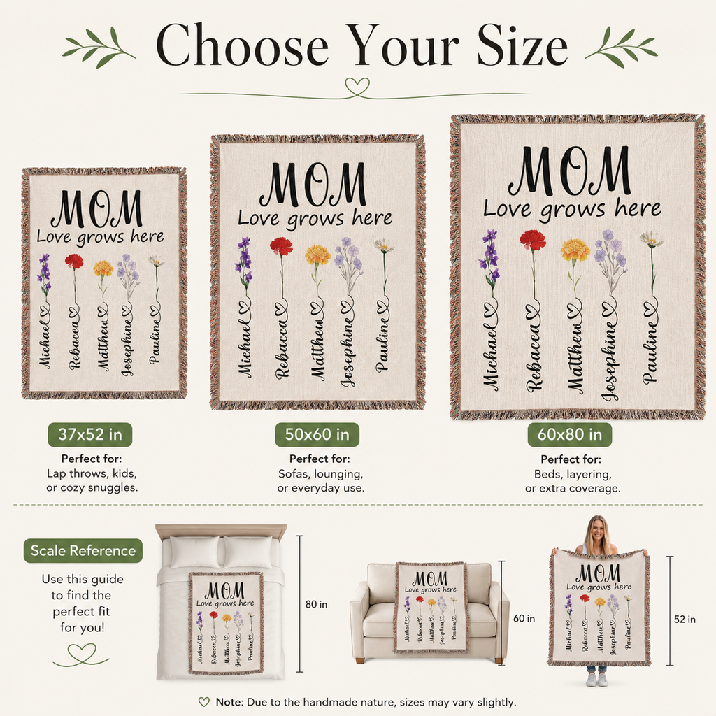 Personalized Mom Flower Woven Blanket - Custom Birth Month Flowers with Kids' Names