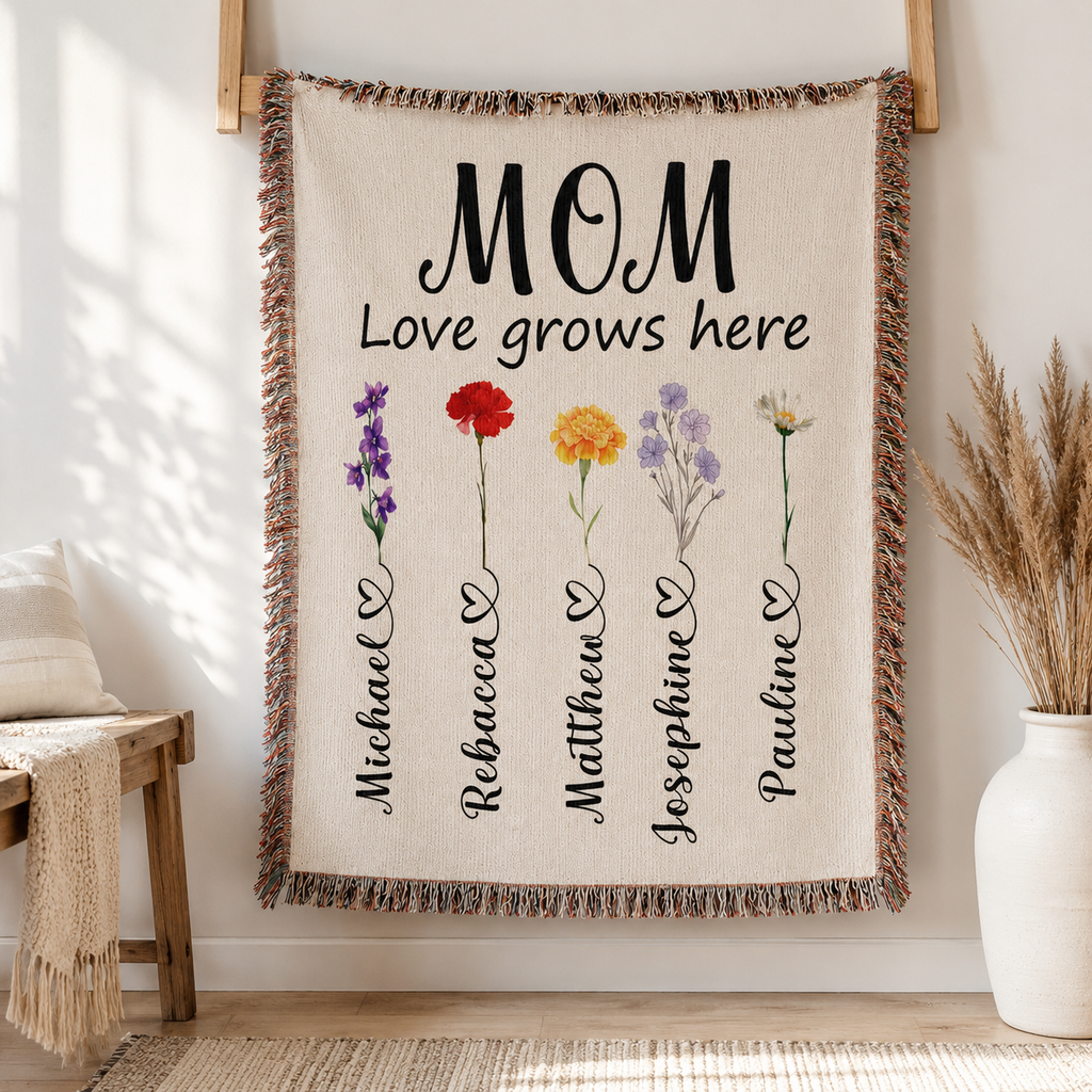 Personalized Mom Flower Woven Blanket - Custom Birth Month Flowers with Kids' Names