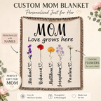Personalized Mom Flower Woven Blanket - Custom Birth Month Flowers with Kids' Names