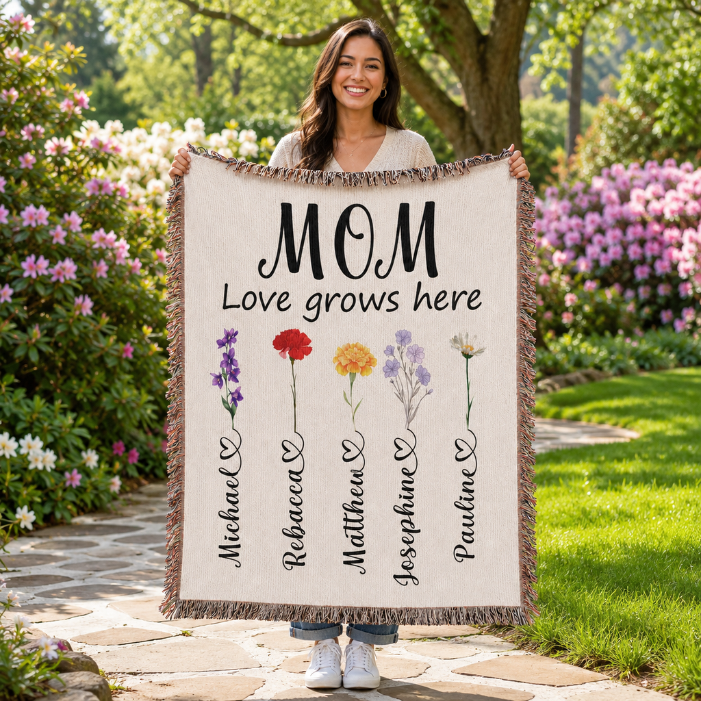 Personalized Mom Flower Woven Blanket - Custom Birth Month Flowers with Kids' Names