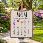 Personalized Mom Flower Woven Blanket - Custom Birth Month Flowers with Kids' Names