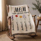 Personalized Mom Flower Woven Blanket - Custom Birth Month Flowers with Kids' Names
