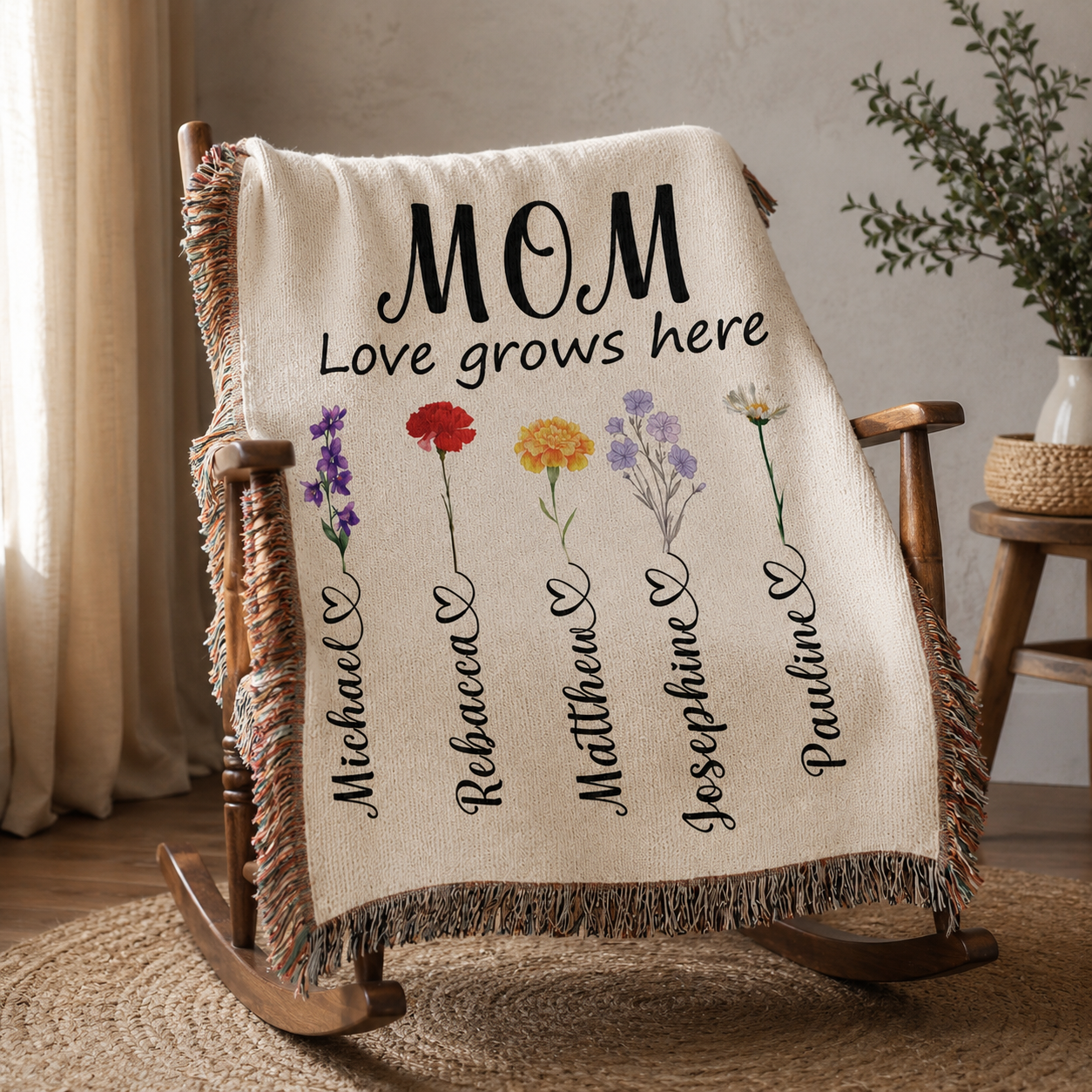 Personalized Mom Flower Woven Blanket - Custom Birth Month Flowers with Kids' Names