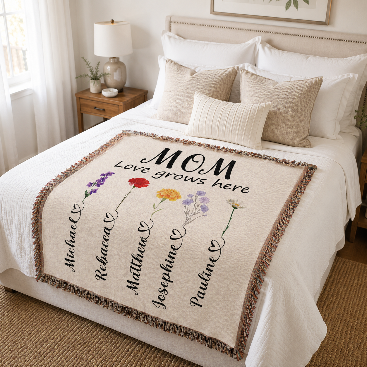 Personalized Mom Flower Woven Blanket - Custom Birth Month Flowers with Kids' Names