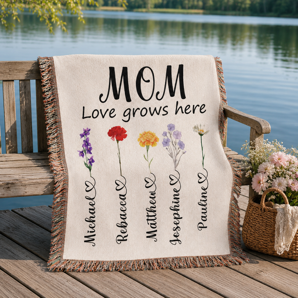 Personalized Mom Flower Woven Blanket - Custom Birth Month Flowers with Kids' Names