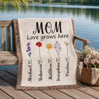 Personalized Mom Flower Woven Blanket - Custom Birth Month Flowers with Kids' Names