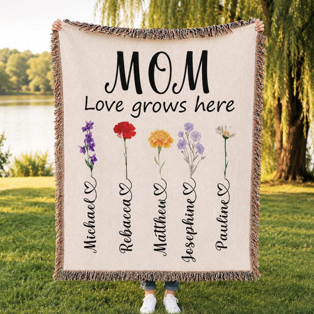 Personalized Mom Flower Woven Blanket - Custom Birth Month Flowers with Kids' Names