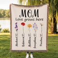 Personalized Mom Flower Woven Blanket - Custom Birth Month Flowers with Kids' Names