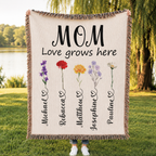 Personalized Mom Flower Woven Blanket - Custom Birth Month Flowers with Kids' Names