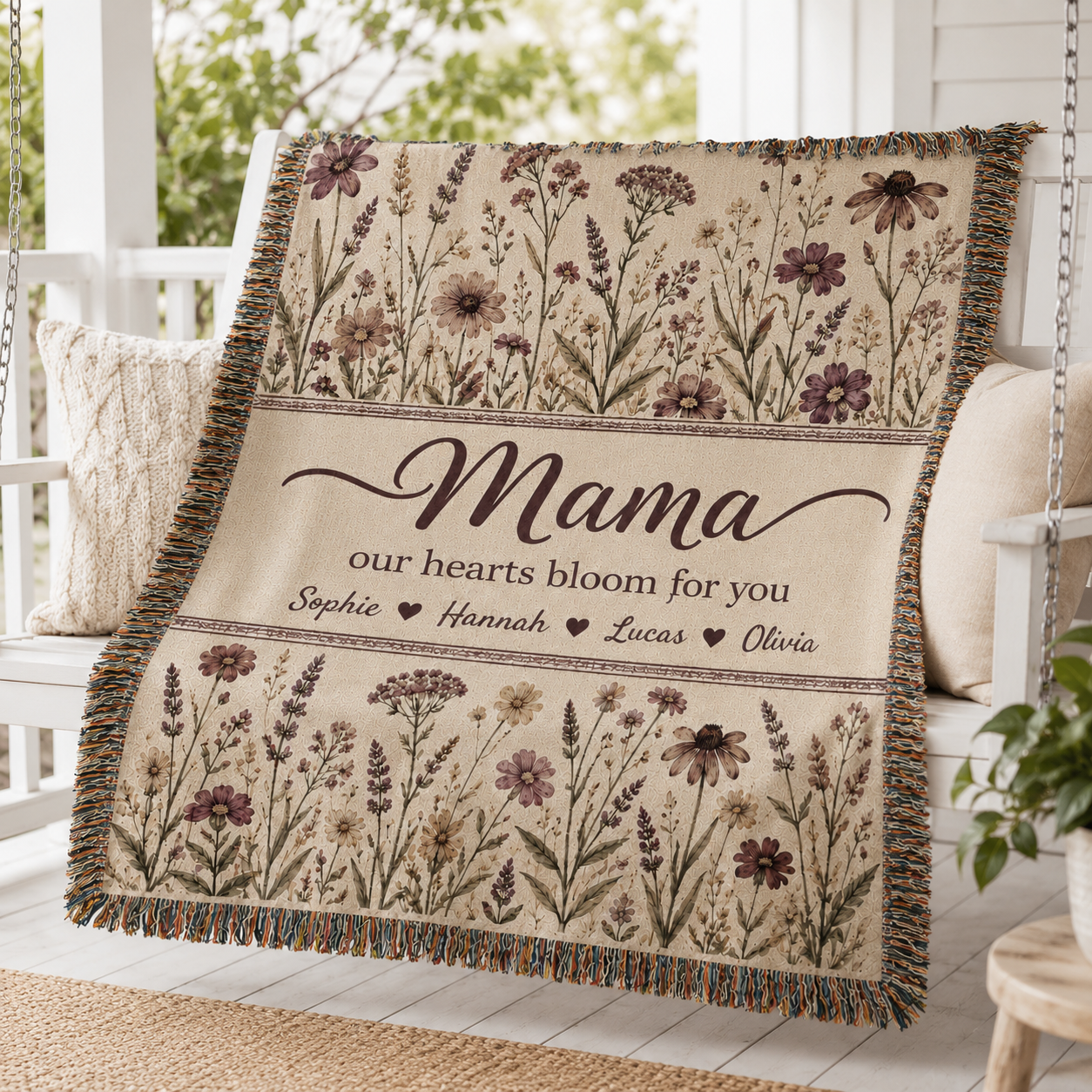 Personalized Mama Woven Blanket - Custom Floral Throw with Kids' Names (Gift for Mom, Grandma, Nana)