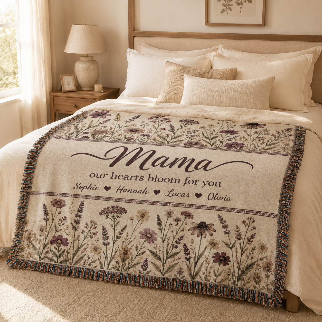 Personalized Mama Woven Blanket - Custom Floral Throw with Kids' Names (Gift for Mom, Grandma, Nana)