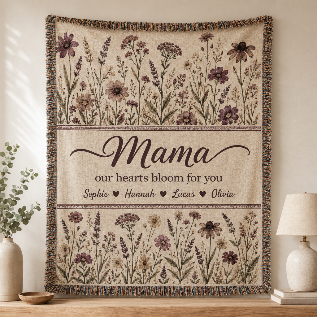 Personalized Mama Woven Blanket - Custom Floral Throw with Kids' Names (Gift for Mom, Grandma, Nana)