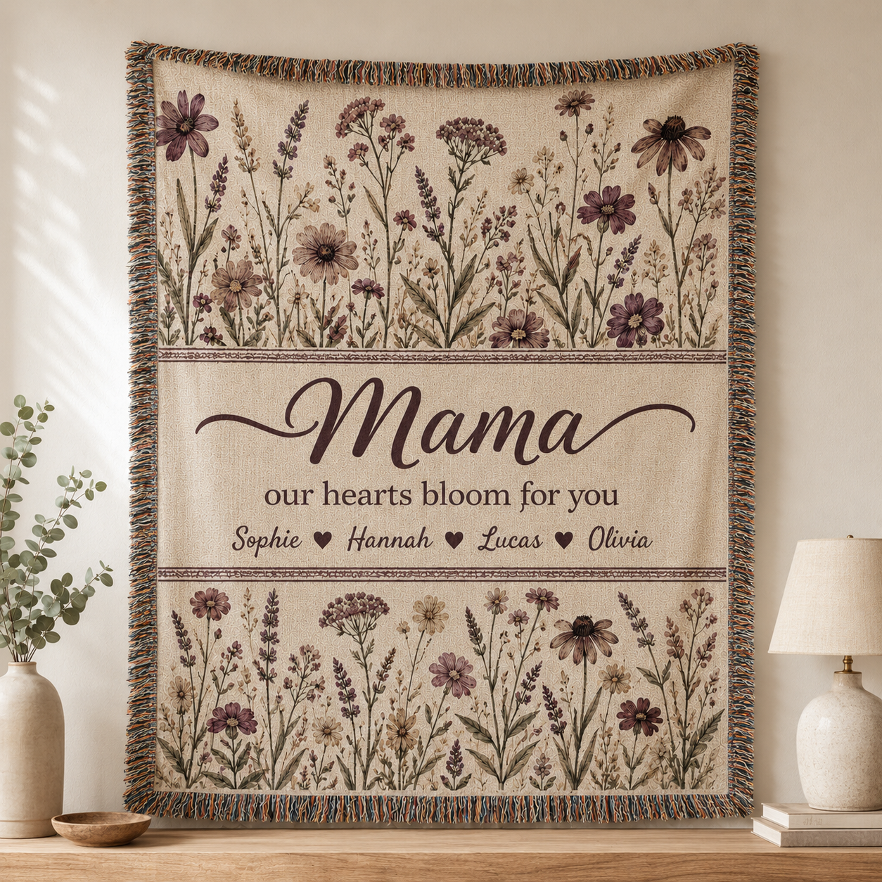 Personalized Mama Woven Blanket - Custom Floral Throw with Kids' Names (Gift for Mom, Grandma, Nana)