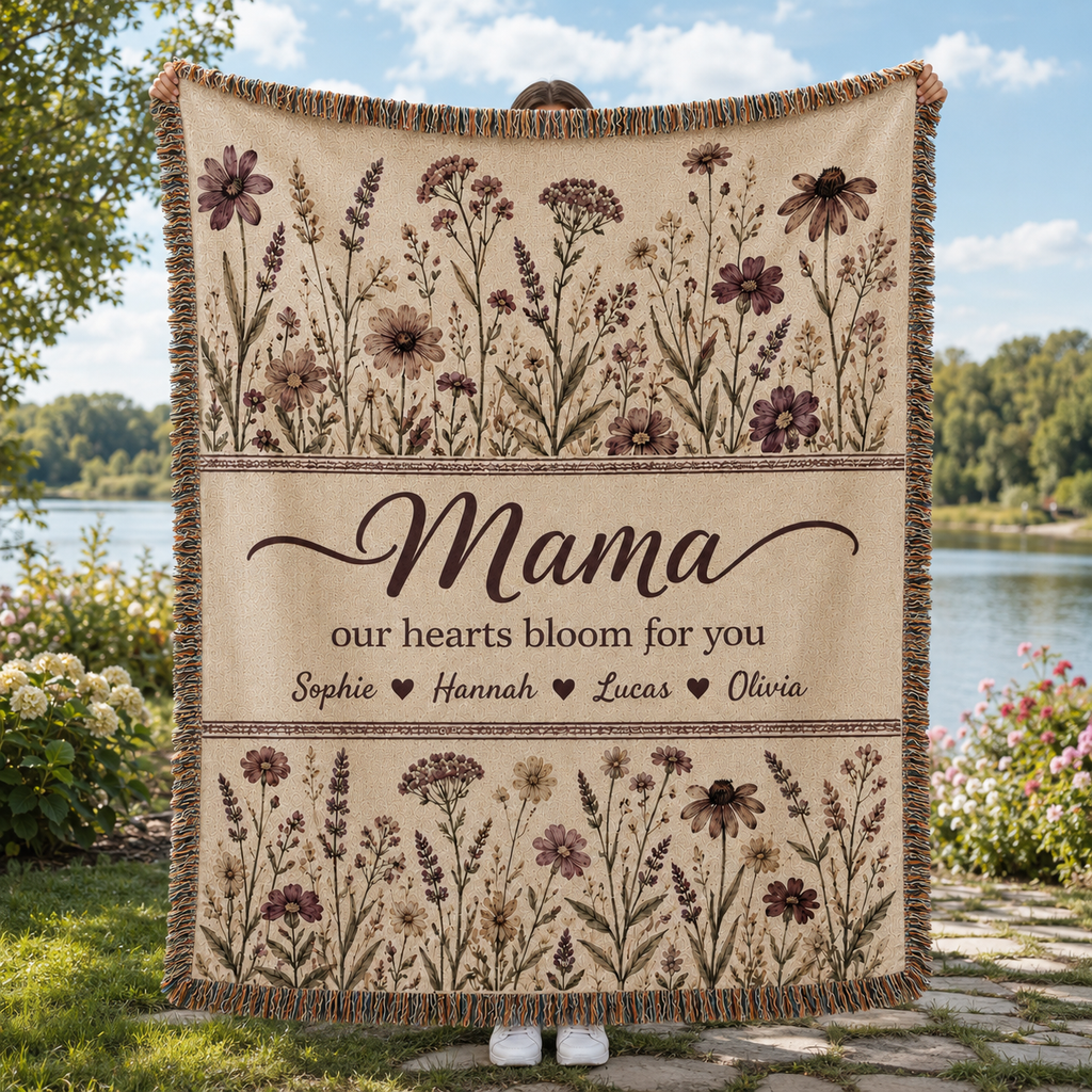 Personalized Mama Woven Blanket - Custom Floral Throw with Kids' Names (Gift for Mom, Grandma, Nana)