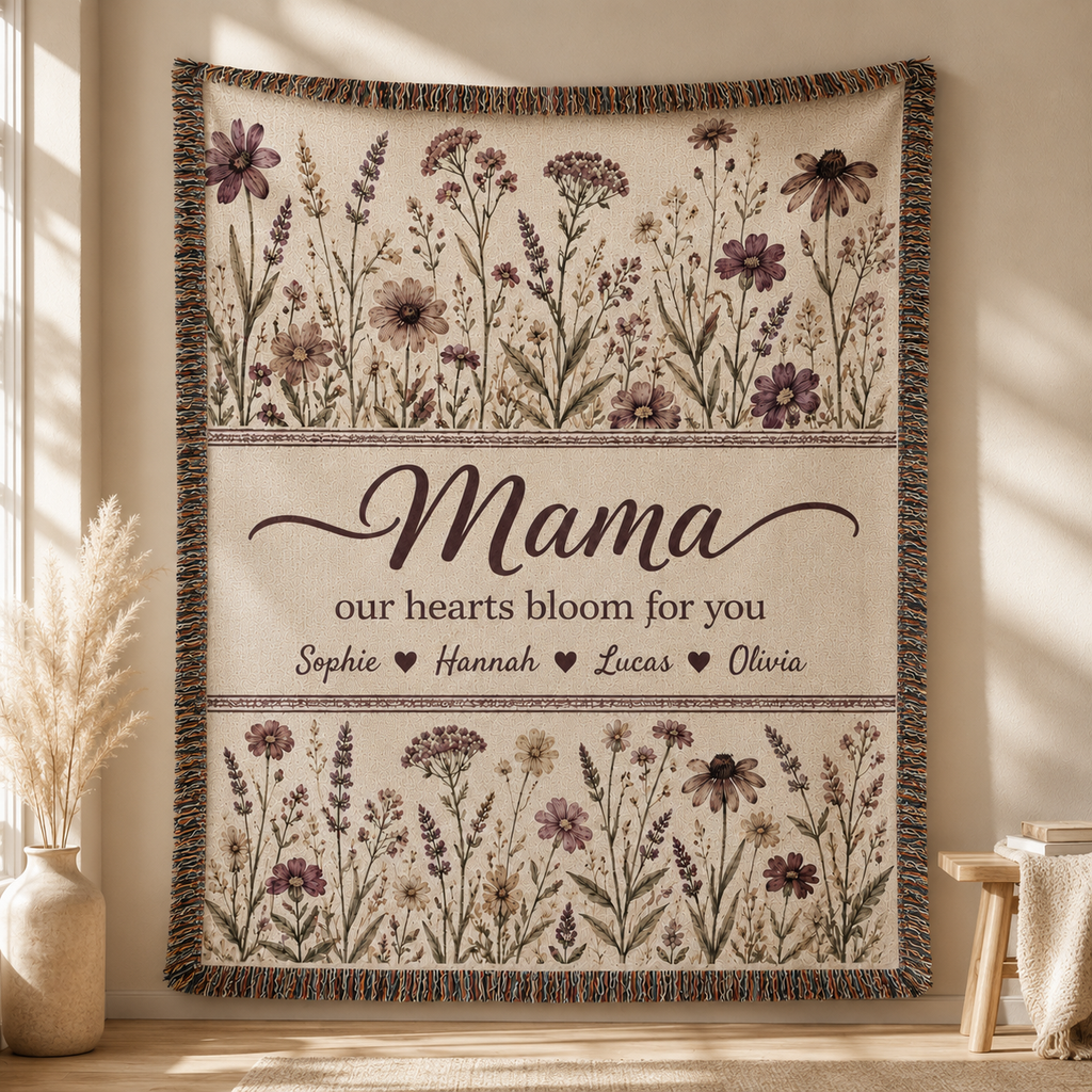 Personalized Mama Woven Blanket - Custom Floral Throw with Kids' Names (Gift for Mom, Grandma, Nana)