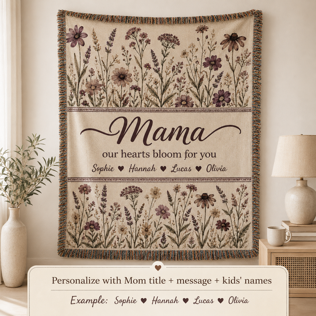 Personalized Mama Woven Blanket - Custom Floral Throw with Kids' Names (Gift for Mom, Grandma, Nana)