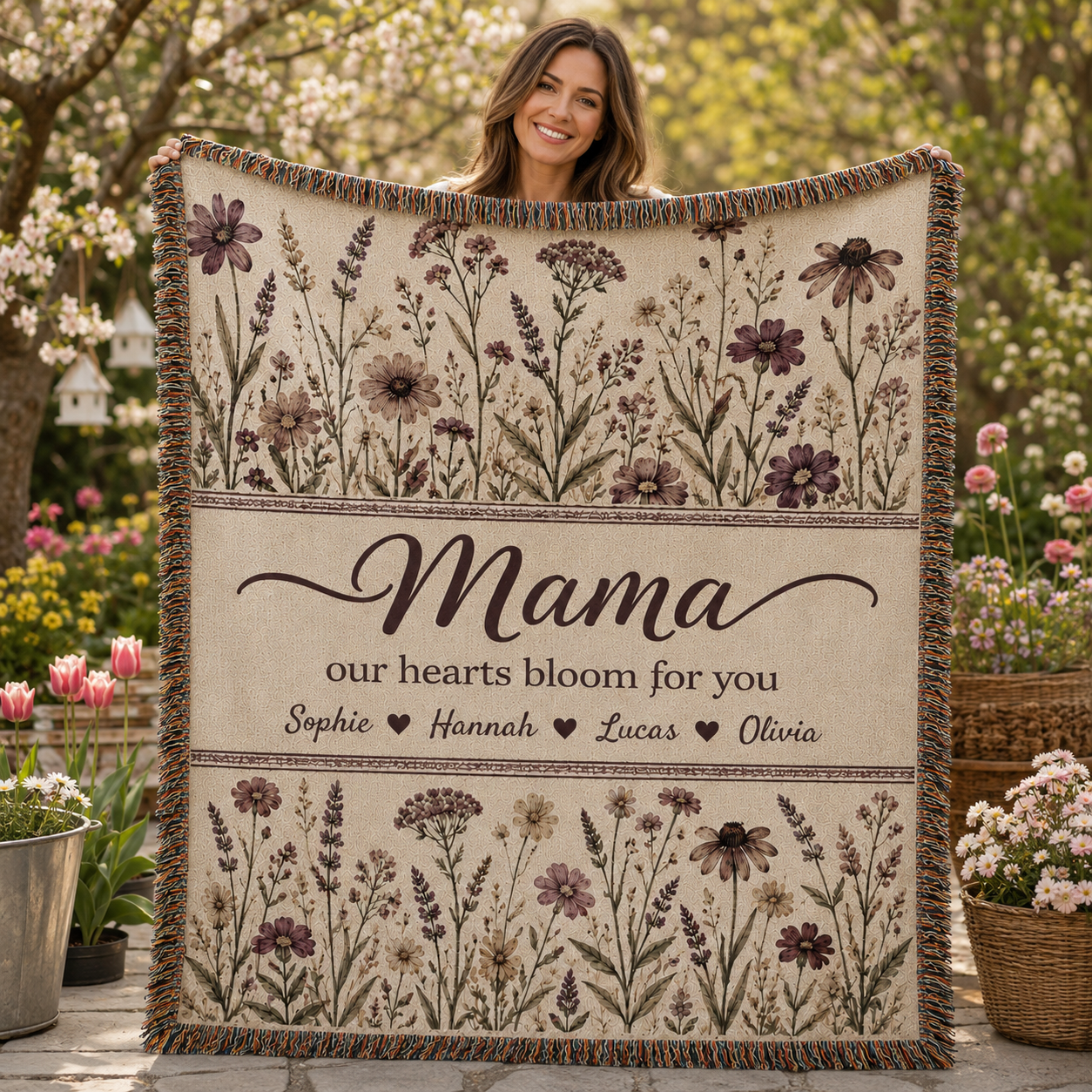 Personalized Mama Woven Blanket - Custom Floral Throw with Kids' Names (Gift for Mom, Grandma, Nana)