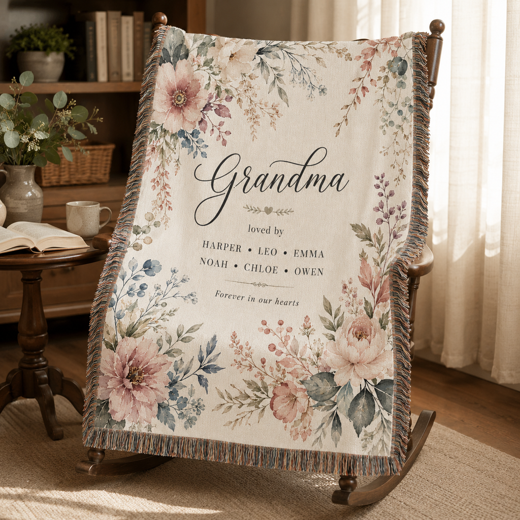 Personalized Grandma Woven Blanket with Grandkids Names – Floral Custom Throw Gift