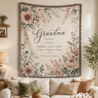 Personalized Grandma Woven Blanket with Grandkids Names – Floral Custom Throw Gift