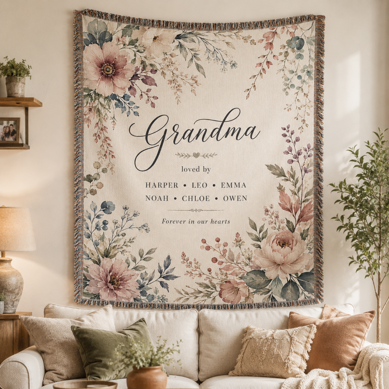 Personalized Grandma Woven Blanket with Grandkids Names – Floral Custom Throw Gift