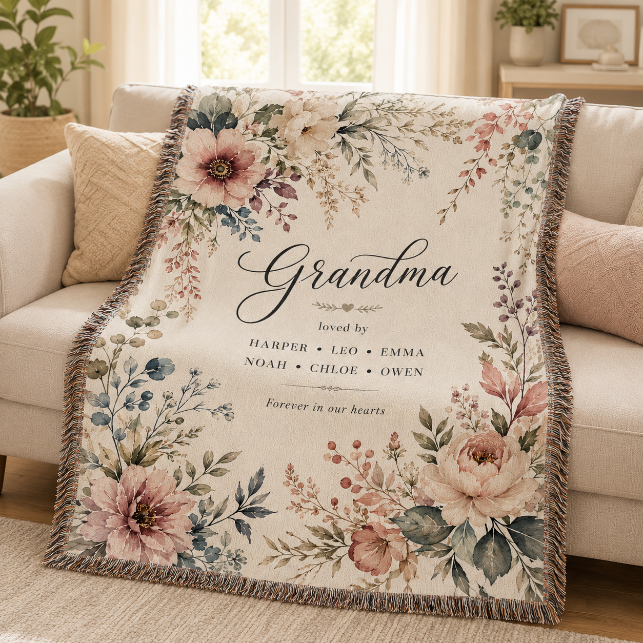 Personalized Grandma Woven Blanket with Grandkids Names – Floral Custom Throw Gift