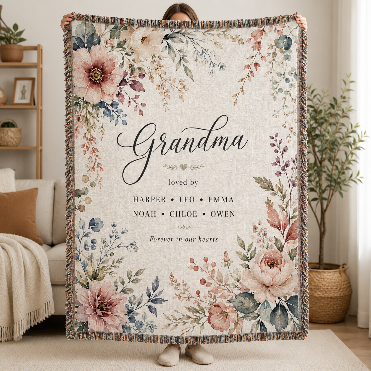 Personalized Grandma Woven Blanket with Grandkids Names – Floral Custom Throw Gift