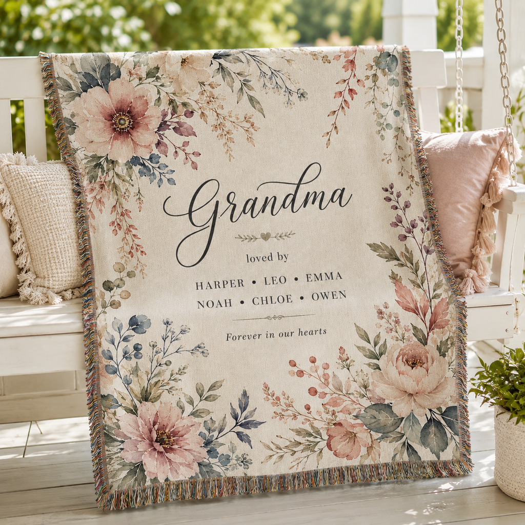 Personalized Grandma Woven Blanket with Grandkids Names – Floral Custom Throw Gift
