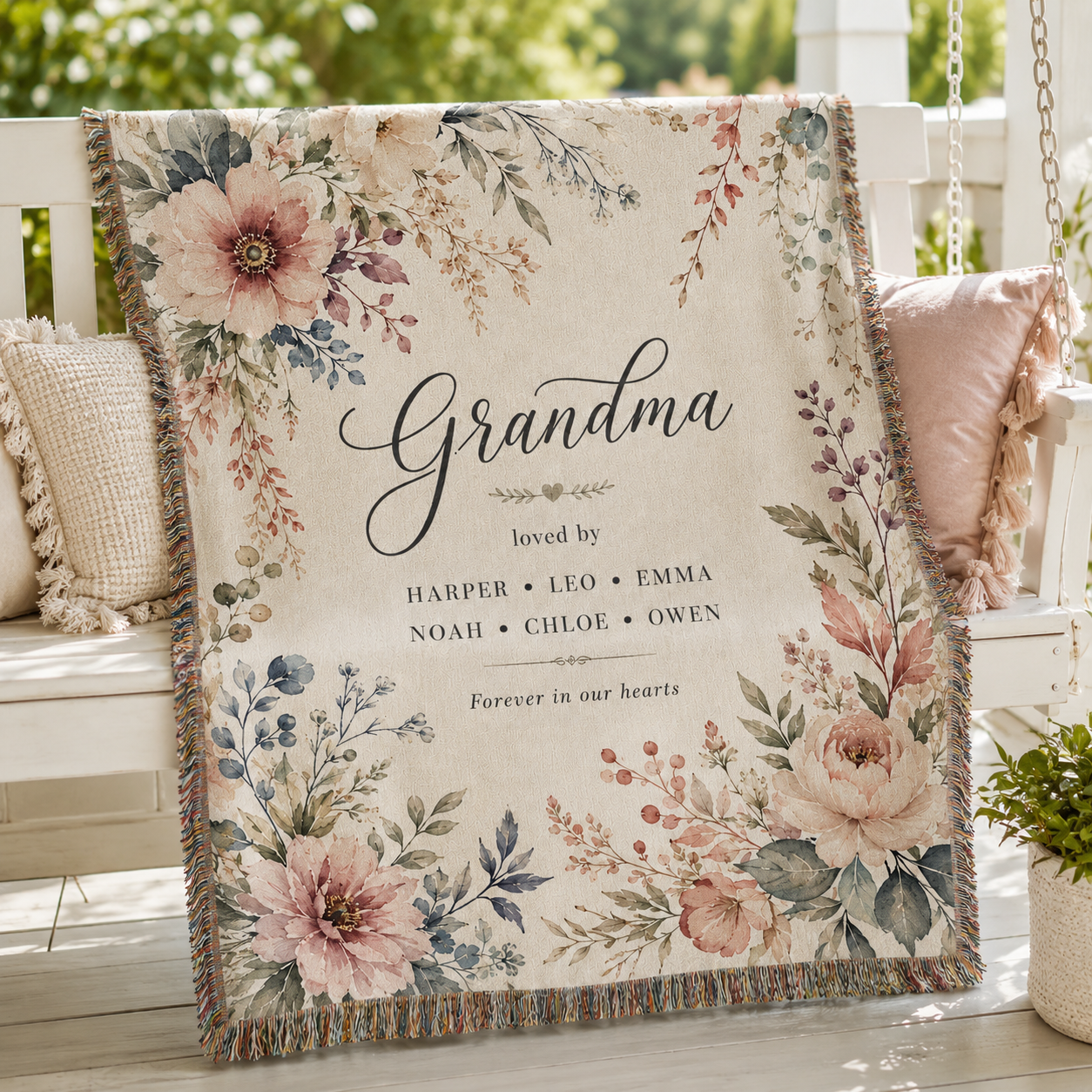 Personalized Grandma Woven Blanket with Grandkids Names – Floral Custom Throw Gift