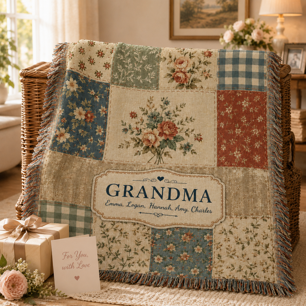 Personalized Grandma Woven Blanket - Custom Family Names Gift