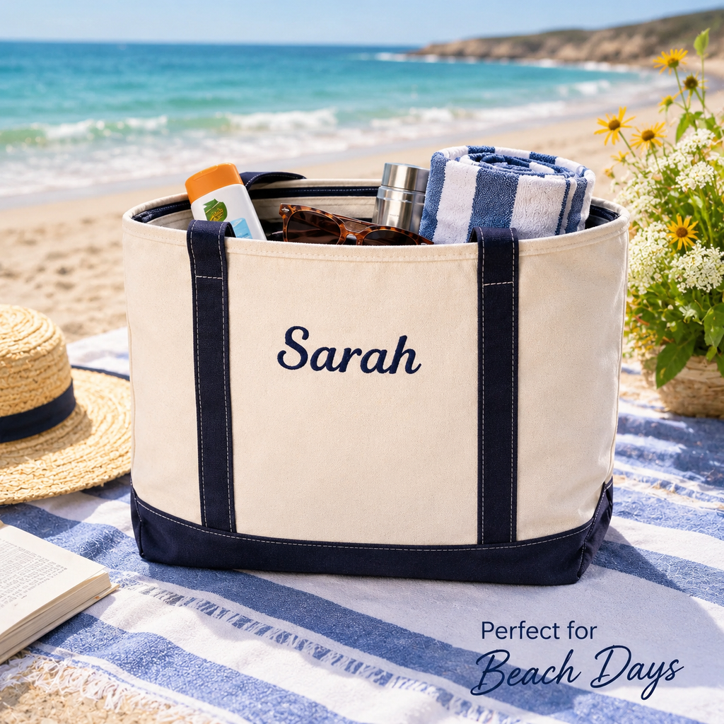 Personalized Zipped Canvas Tote Bag – Custom Name Embroidered Beach Bag Gift for Mom