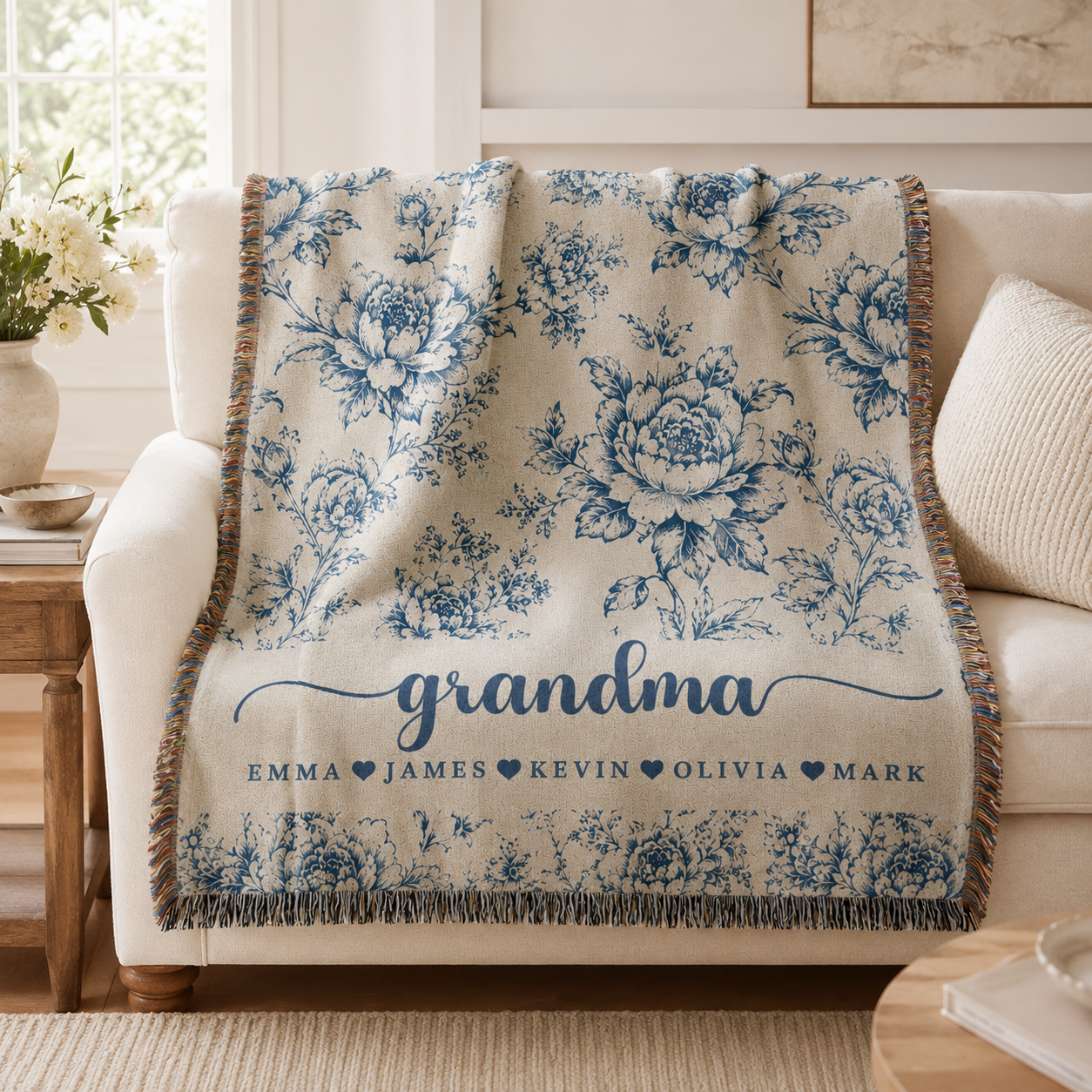 Personalized Grandma Woven Blanket With Grandkids Names, Custom Blue Floral Throw Blanket Gift