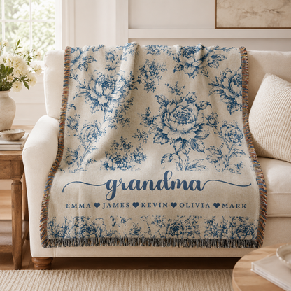 Personalized Grandma Woven Blanket With Grandkids Names, Custom Blue Floral Throw Blanket Gift