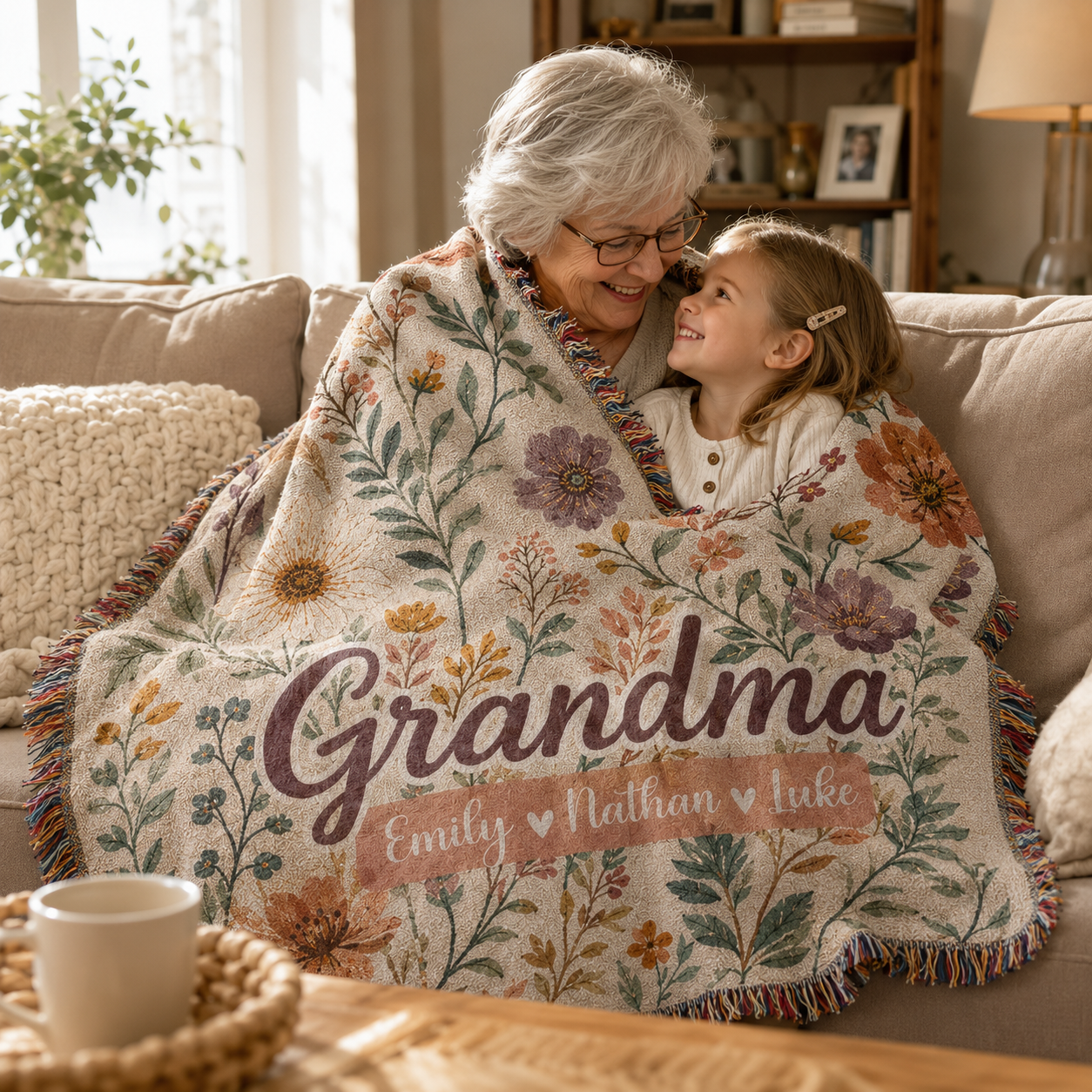 Personalized Grandma Wildflower Woven Blanket – Custom Grandkids Names Gift